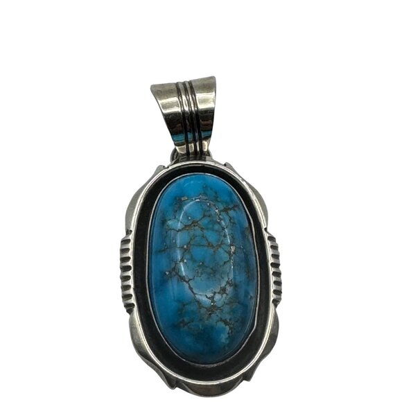 Navajo Denetdale Signed Sterling Silver Turquoise Pendant - Picture 2 of 5